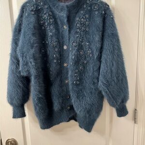 Angora Mohair Wool Blue Embroidered Cardigan